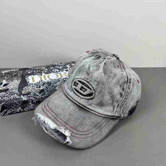 Diesel Grey Acid Wash Oval D Logo Distressed Baseball Cap